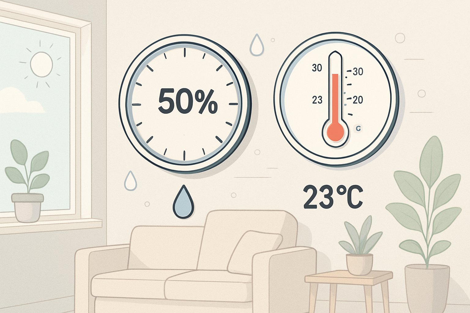 Bir odada ideal nem oranı ve sıcaklık değerlerini gösteren dijital ölçüm cihazları ve rahat bir yaşam alanı.