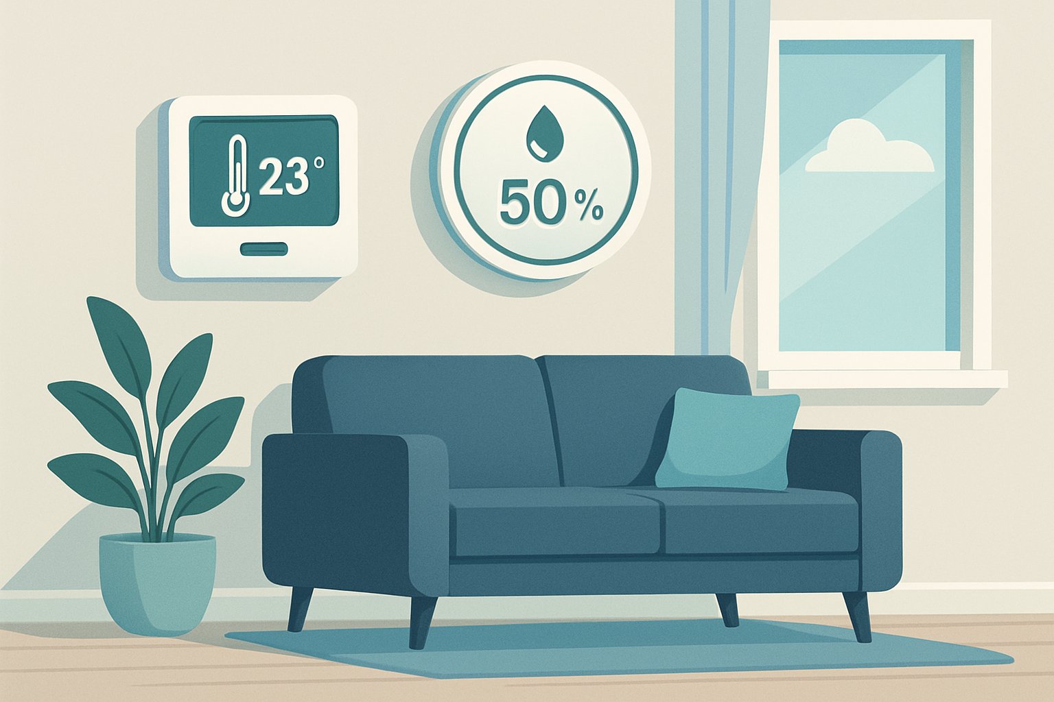 Bir oturma odasında ideal oda sıcaklığı ve nem oranını gösteren termometre ve higrometre bulunan rahat bir ortam.