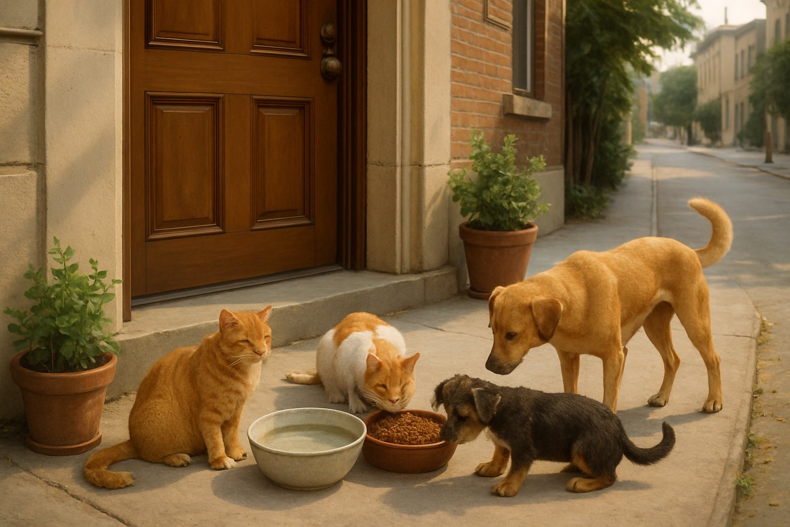 Bir kapının önünde, sokak hayvanları için konmuş mama ve su kabı ile birkaç kedi ve köpek.