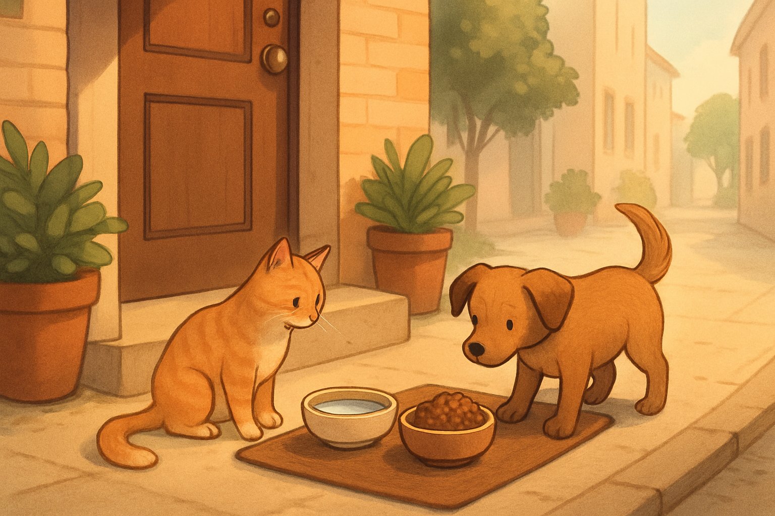 Bir apartman kapısının önünde yiyecek ve su kapları, yanlarına yaklaşan bir sokak kedisi ve köpeği.