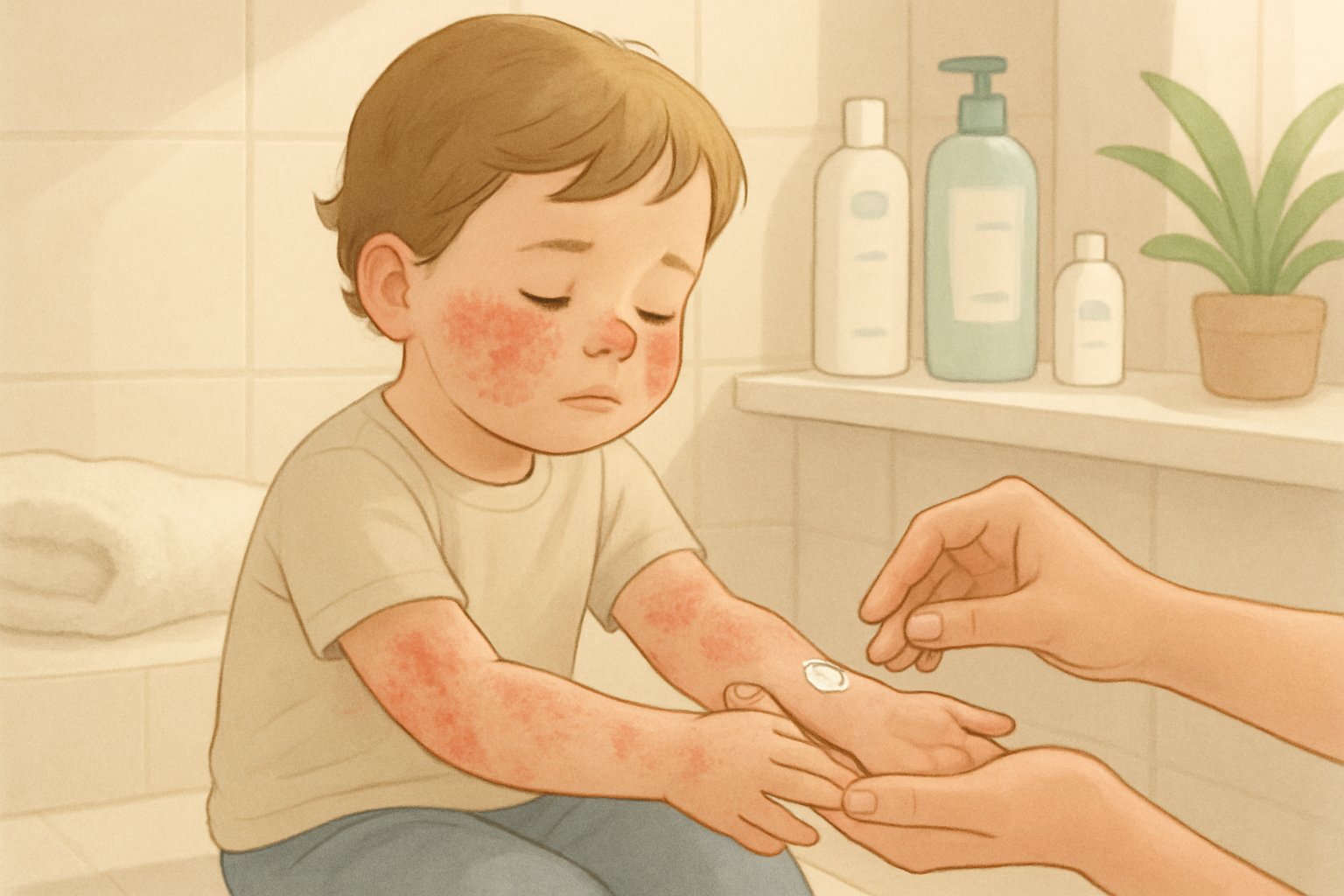 Egzama olan bir çocuğun cilt bakımını yapan bir yetişkinin bulunduğu, çocuk ve yetişkinin banyoda olduğu sakin bir sahne.