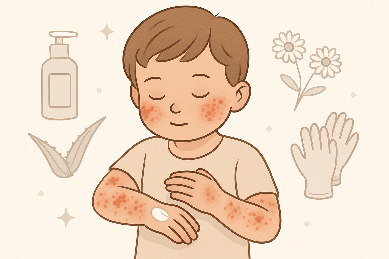 Egzama belirtileri olan bir çocuğun cildine krem sürdüğü sakin ve şefkatli bir sahne.