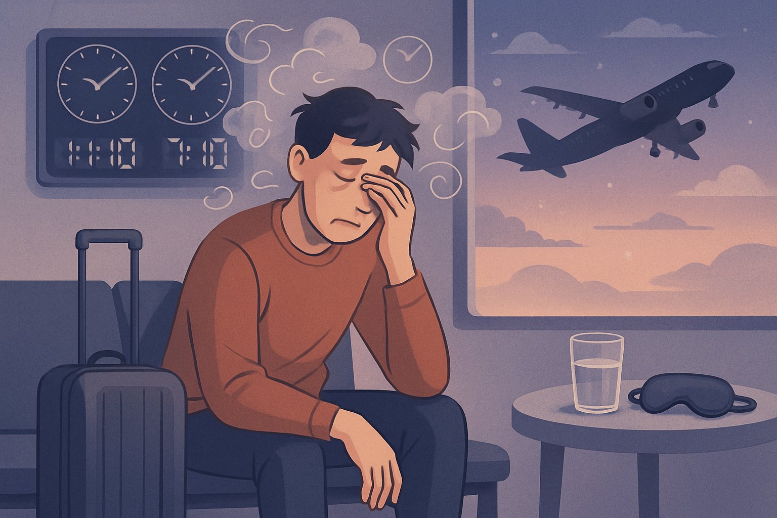 Yorgun bir yolcunun havaalanında oturup gözlerini ovuşturduğu, arkasında farklı saat dilimlerini gösteren büyük bir dijital saat ve uçak kalkışının göründüğü bir sahne.