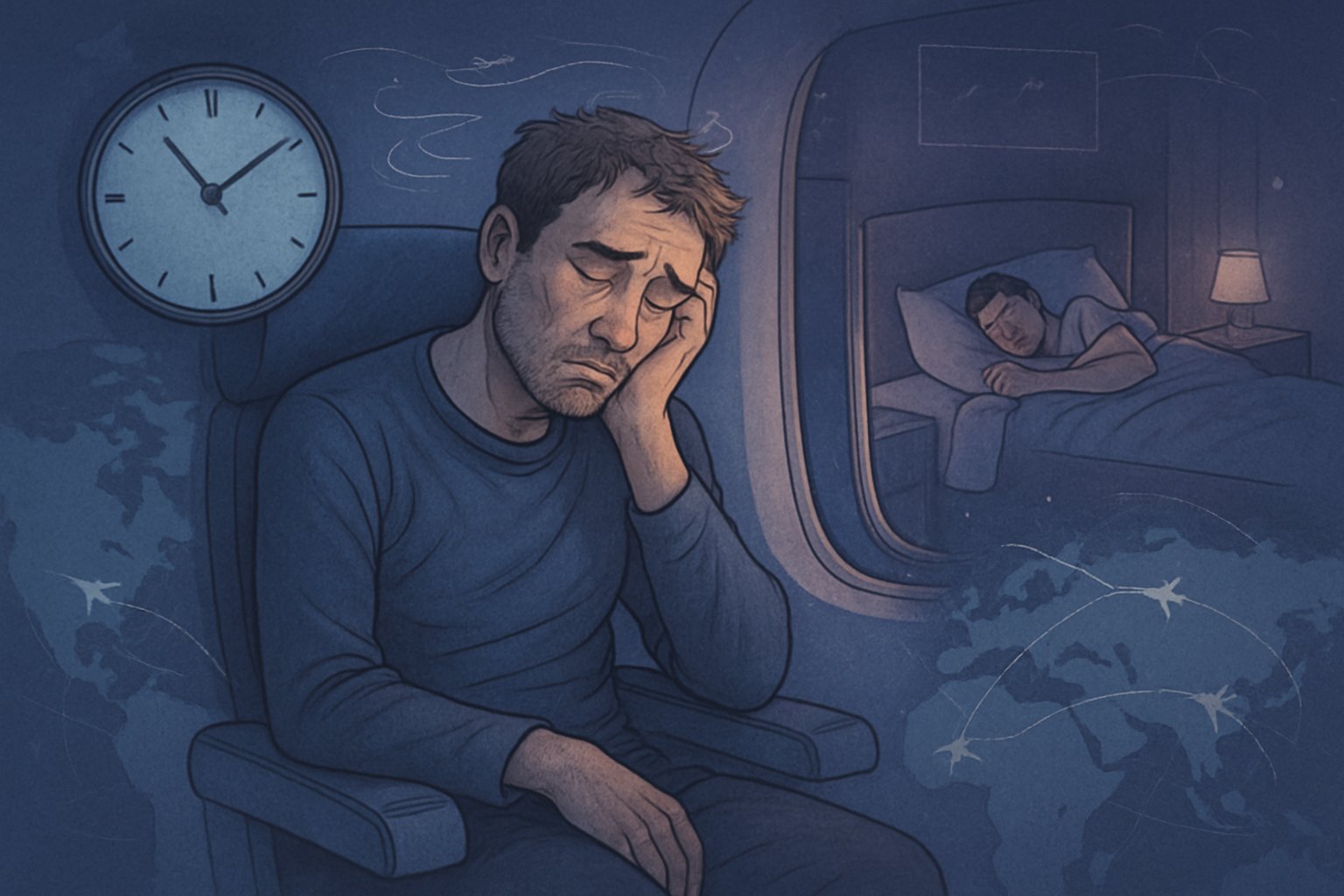 Uçakta yorgun ve uyumakta zorlanan bir yolcu, etrafında jet lag belirtilerini simgeleyen saat ve uyuyamayan bir kişi görünmektedir.