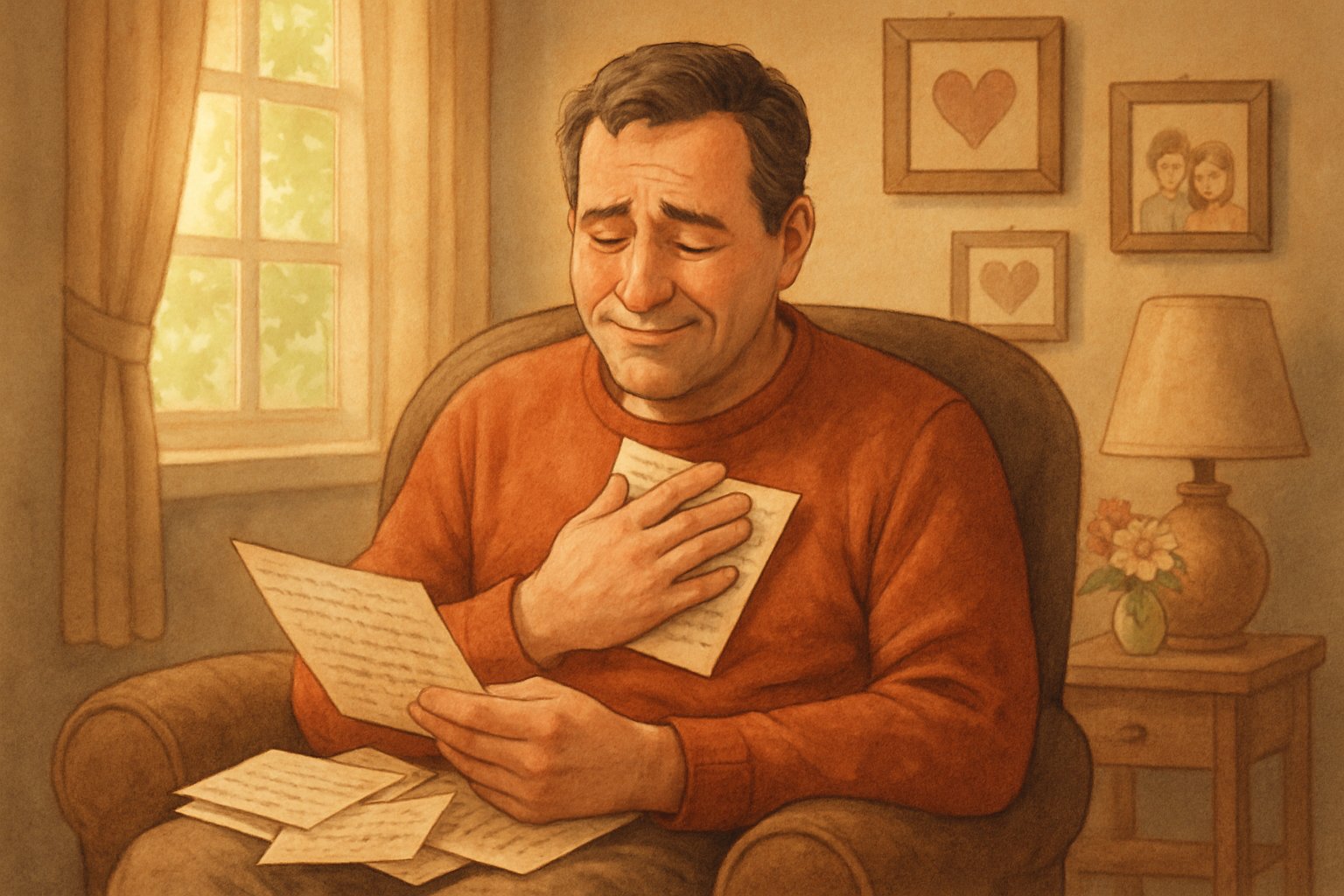 Babalar Günü'nde oturan ve duygusal bir şekilde mektuplar okuyan bir baba.