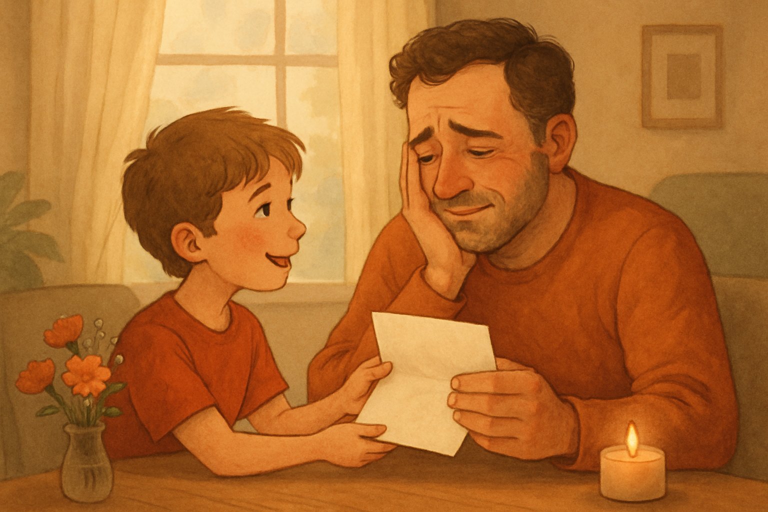 Bir çocuk, Babalar Günü'nde babasına duygusal bir mektup verirken baba duygulanmış şekilde oturuyor.