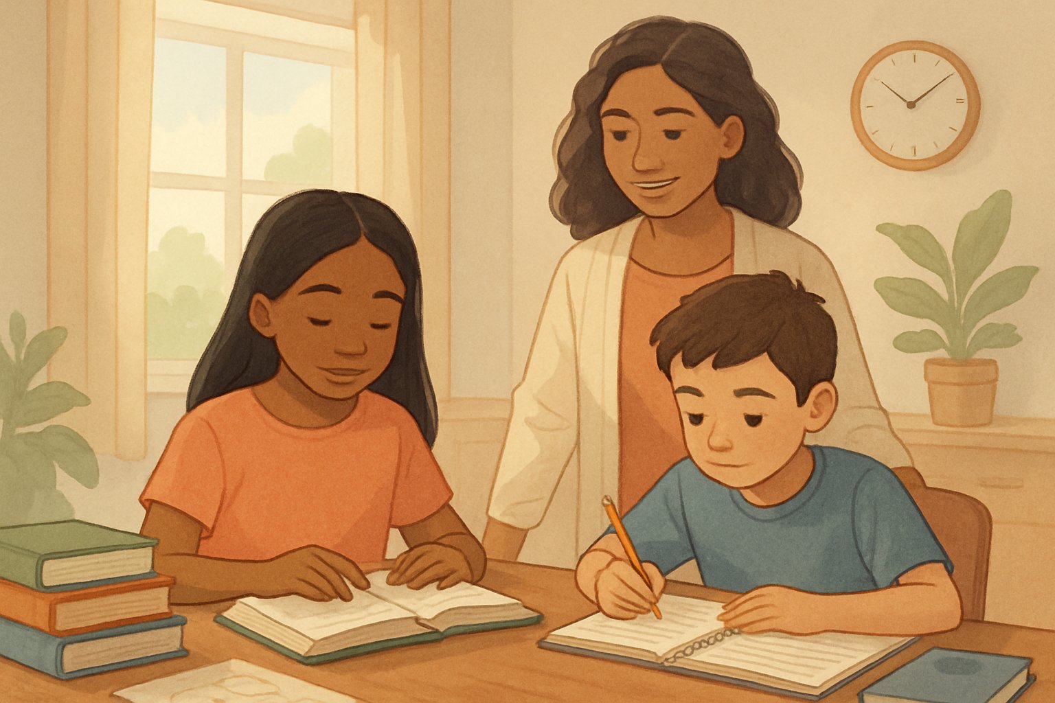 Bir masa etrafında ders çalışan iki çocuk ve onları izleyen bir anne figürü.