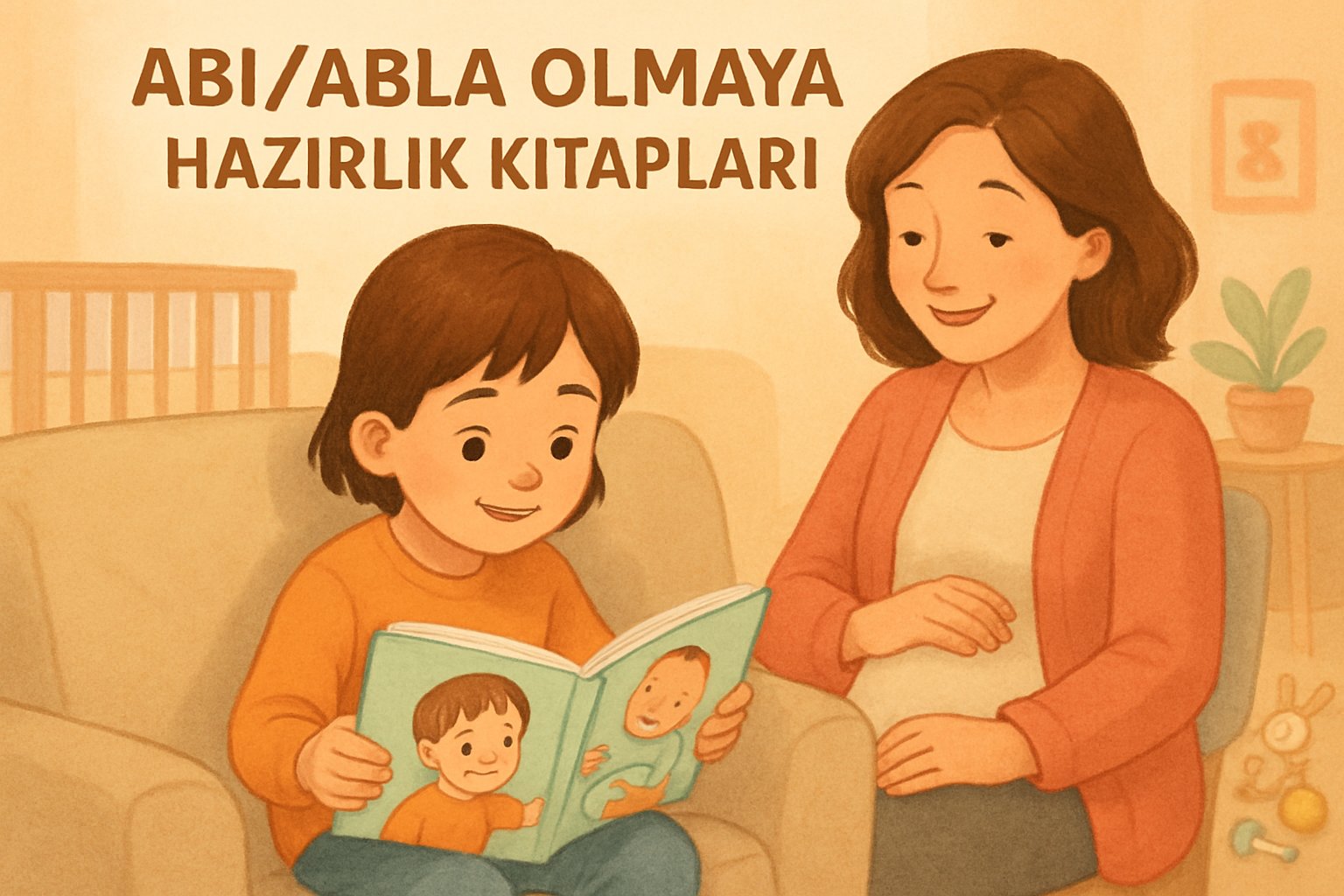 Bir çocuk, bir kitap okurken yanında gülümseyen bir ebeveyn var, odada bebek eşyaları bulunuyor.