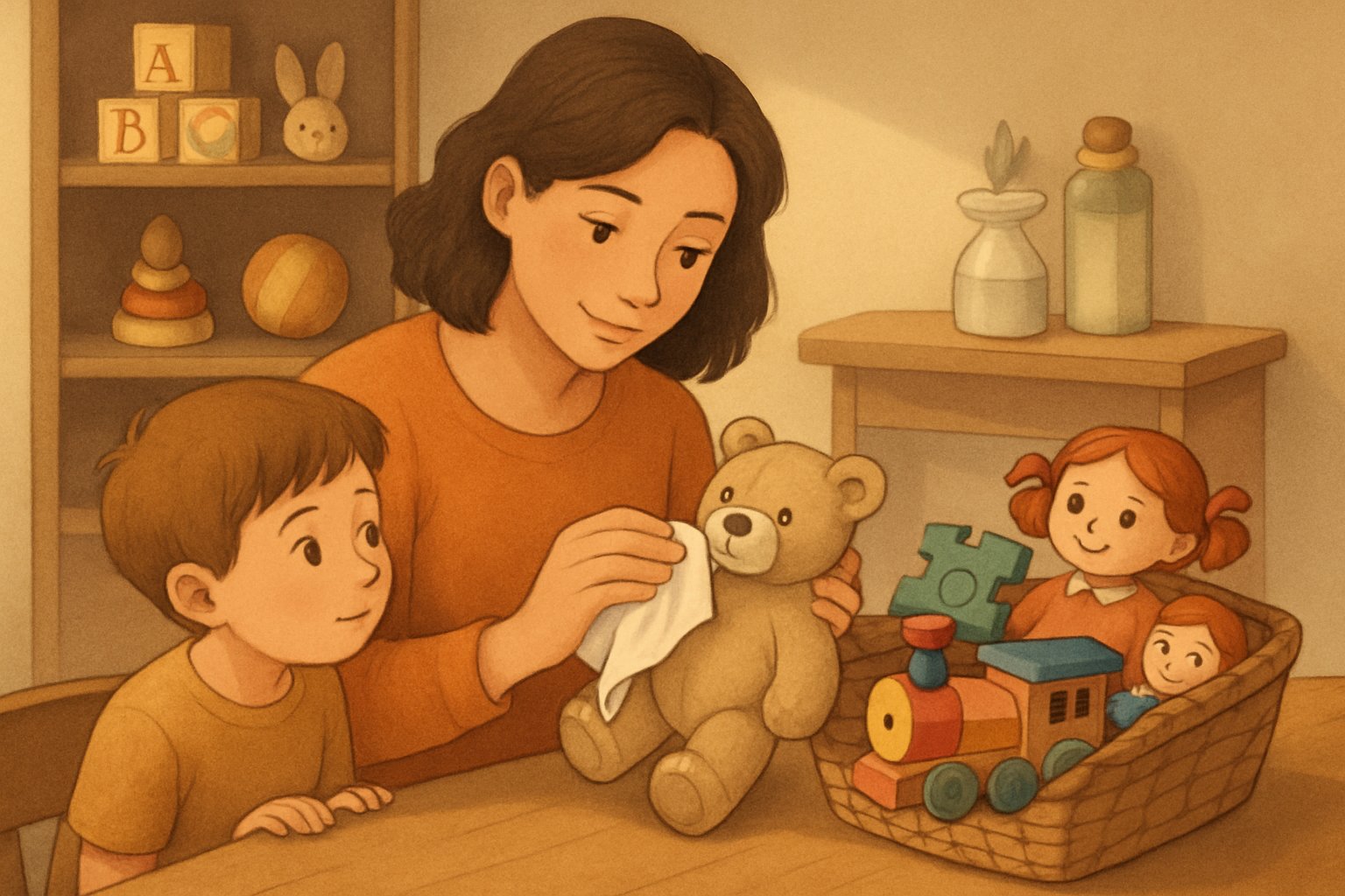 Bir ebeveyn ve çocuk, ikinci el oyuncakları temizleyip hijyenik hale getirirken bir odada birlikte vakit geçiriyor.