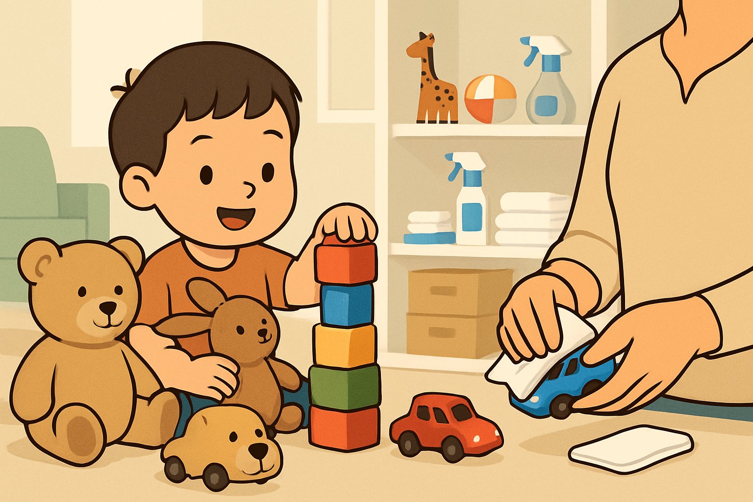 Bir çocuk temizlenmiş ikinci el oyuncaklarla oynarken, bir yetişkin oyuncakları dezenfekte ediyor.