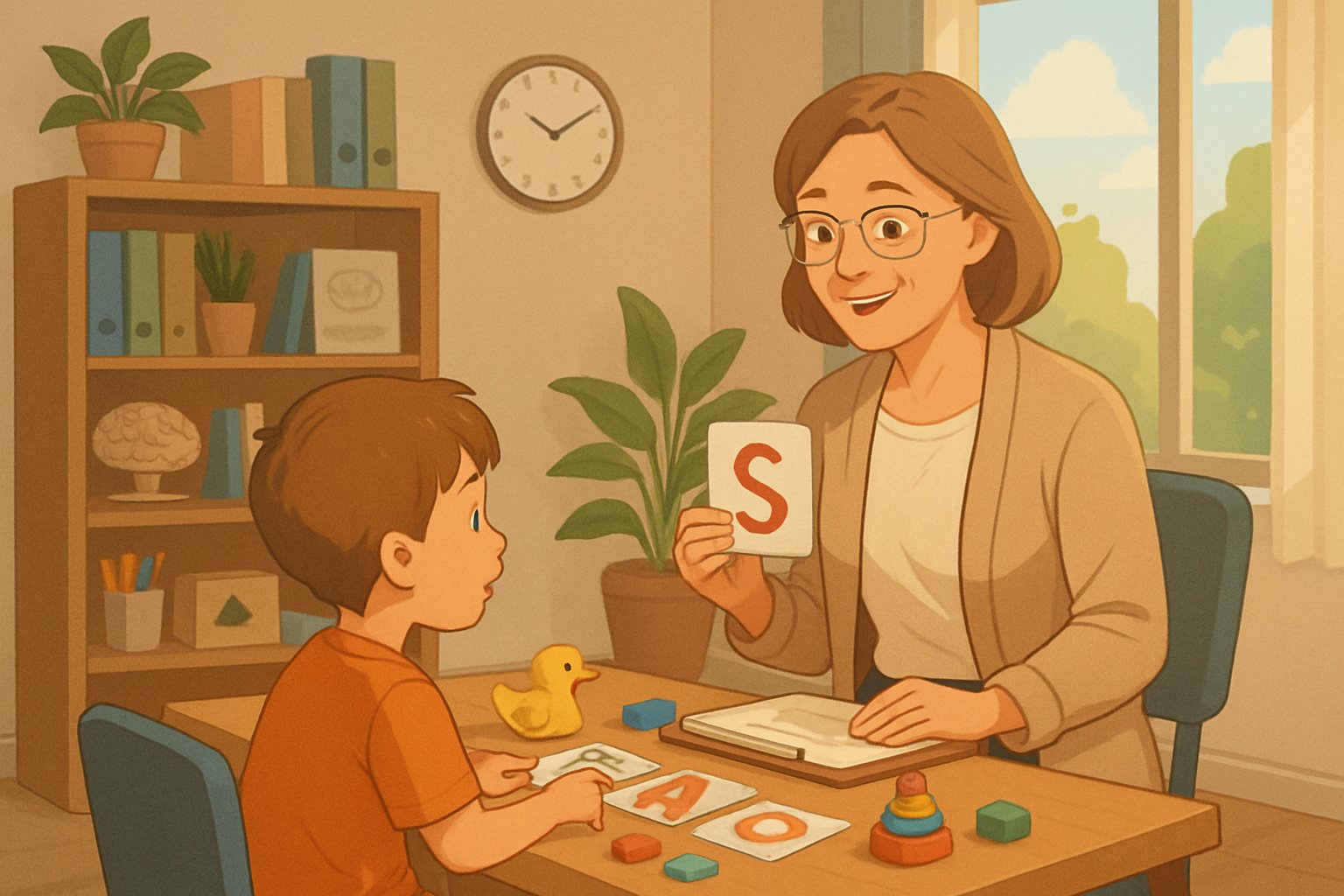 Bir konuşma terapisti, küçük bir çocukla renkli terapi kartları ve oyuncaklarla dolu bir masada oturuyor, arka planda eğitim kitapları ve terapi araçları bulunan aydınlık bir oda.