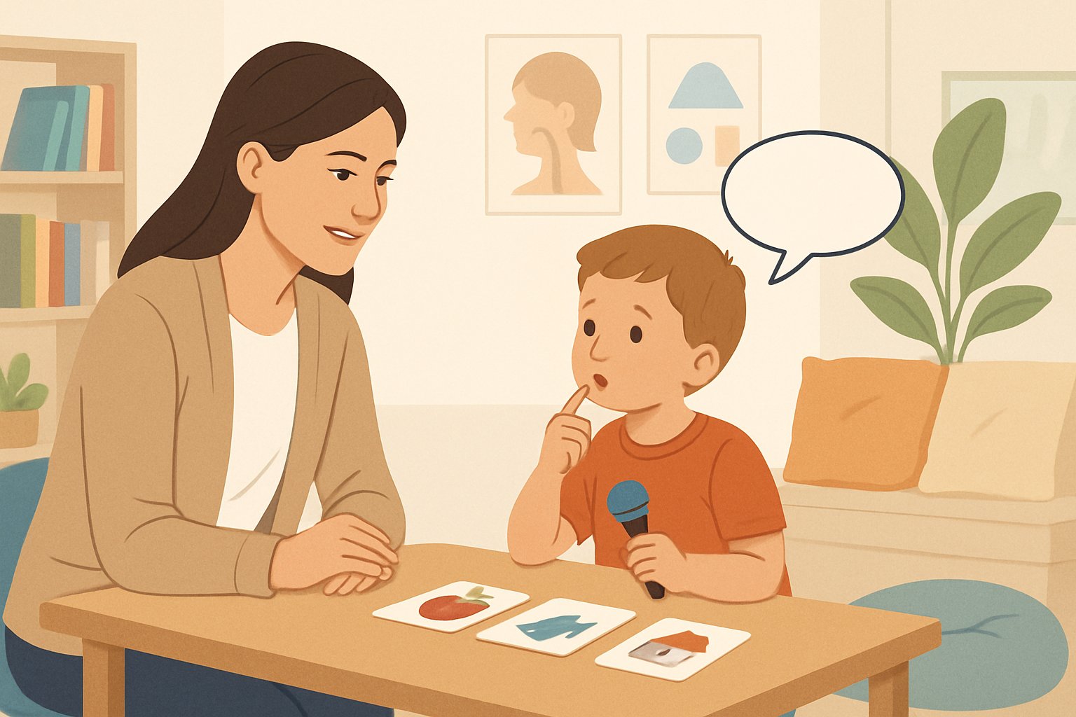 Bir çocuk ve konuşma terapisti, çocukta dil ve konuşma problemlerini belirlemek için terapi odasında etkileşim halinde.