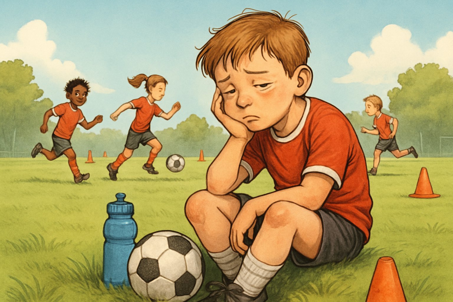 Yorgun ve bıkkın bir çocuk, spor sahasında kenarda oturuyor, arka planda diğer çocuklar aktif şekilde spor yapıyor.