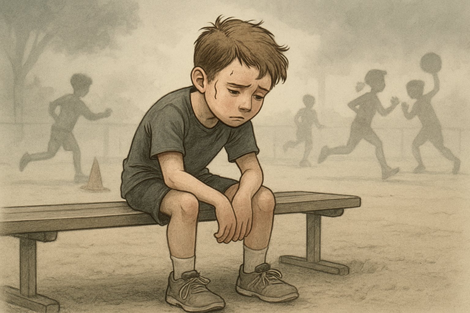 Spor alanında yorgun ve bıkkın bir çocuk sporcu, bir bankta oturuyor ve diğer çocuklar arkada antrenman yapıyor.