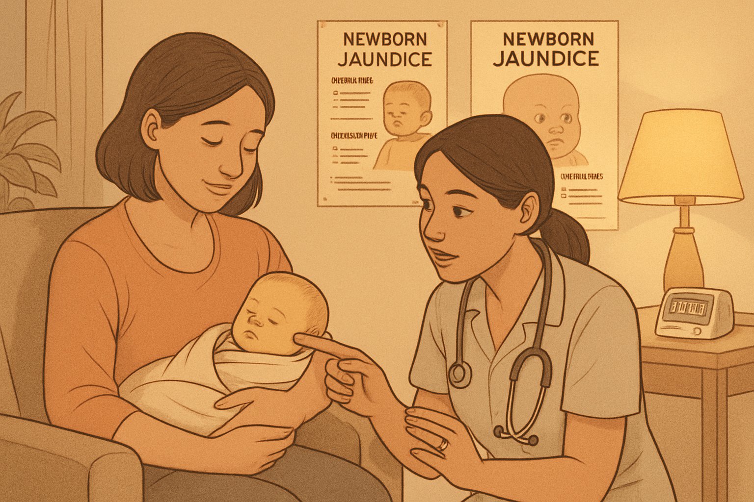 Yeni doğan bebeğini kucaklayan anne ve evde bakım önerileri veren bir sağlık çalışanının olduğu sakin bir yaşam odası.