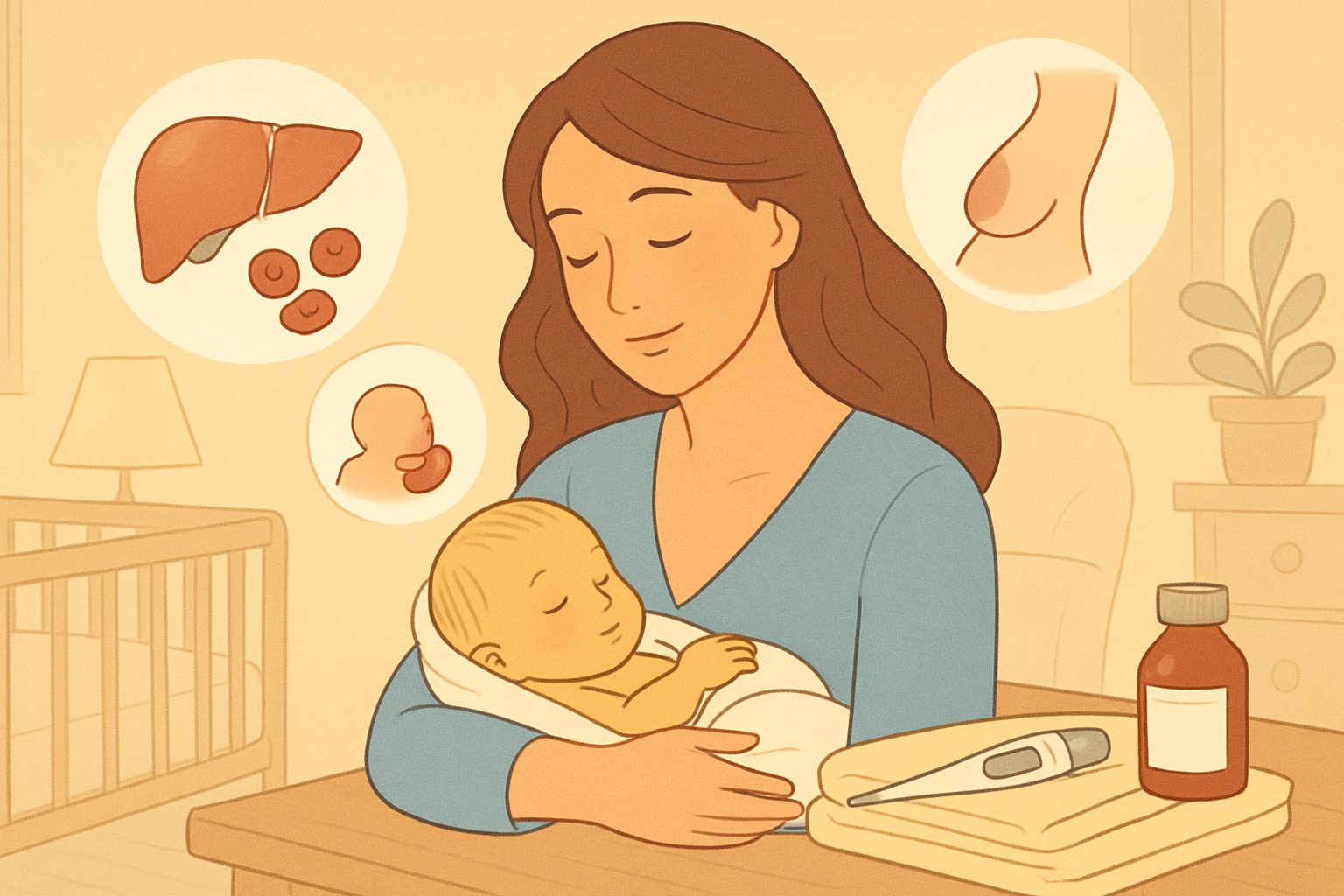 Yeni doğmuş bebeğini kucaklayan bir anne, bebeğin cildi hafif sarımsı. Etraflarında yenidoğan sarılığı nedenlerini simgeleyen görseller ve ev ortamı yer alıyor.