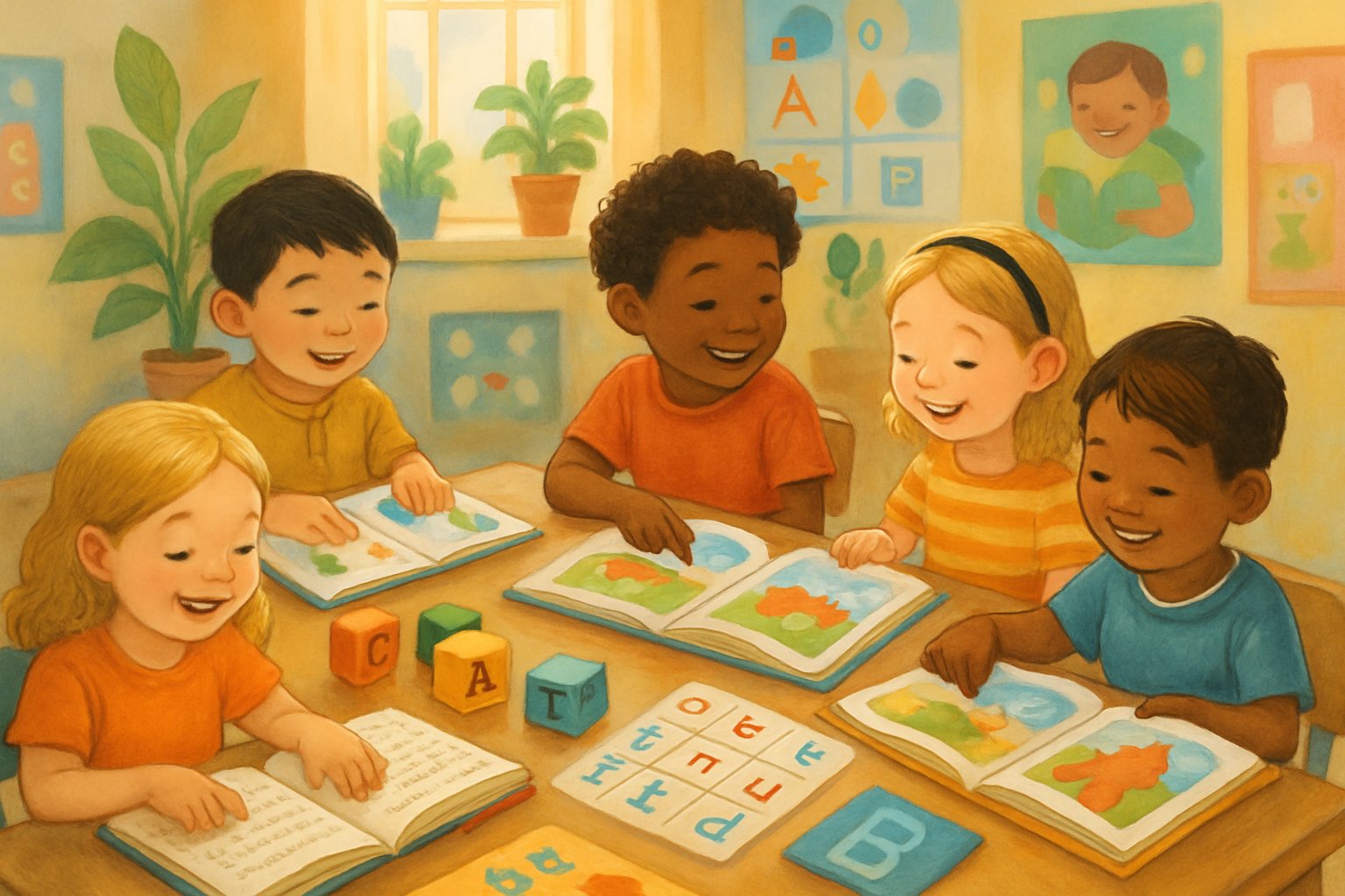 Çeşitli çocukların okuma materyalleriyle etkileşimde bulunduğu, aydınlık ve renkli bir sınıf ortamı.