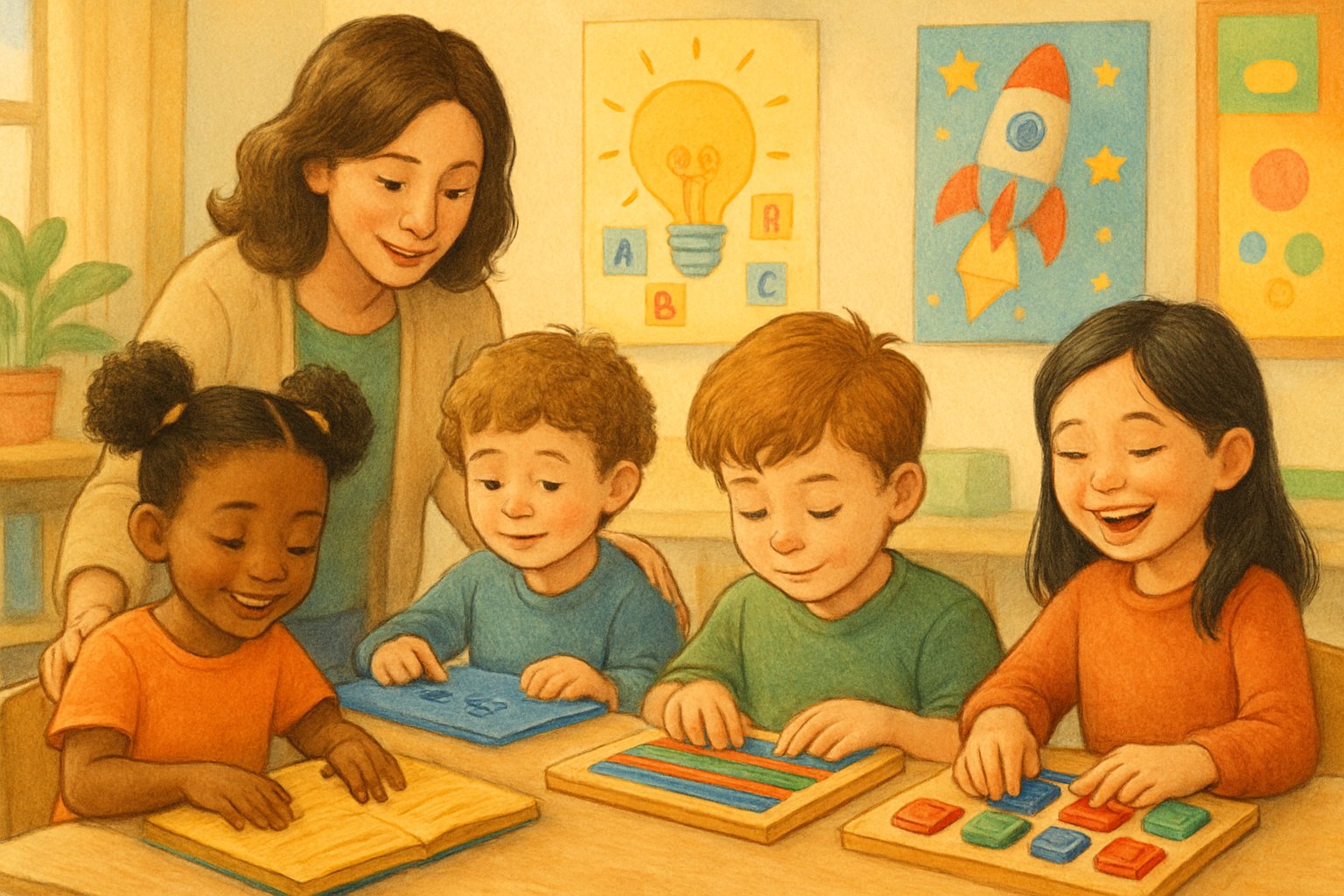 Disleksi olan çocukların özel okuma materyalleriyle etkileşimde bulunduğu, öğretmenin destek verdiği bir sınıf ortamı.