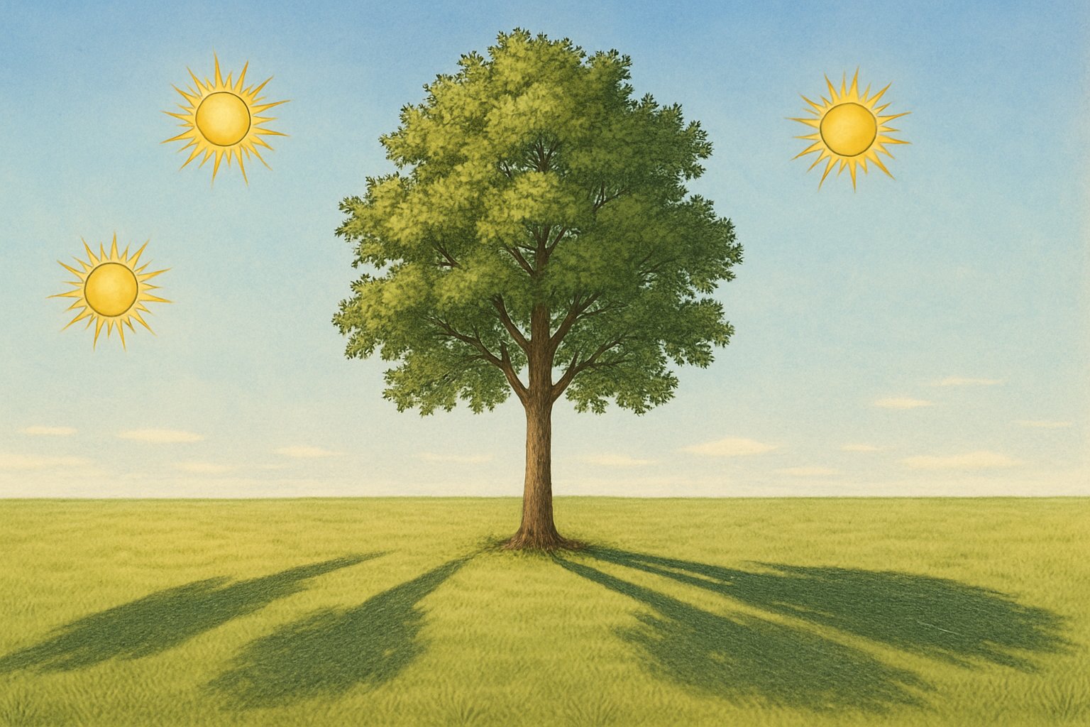 Gün içinde farklı saatlerde bir ağacın uzun ve kısa gölgelerinin bulunduğu açık bir arazi.