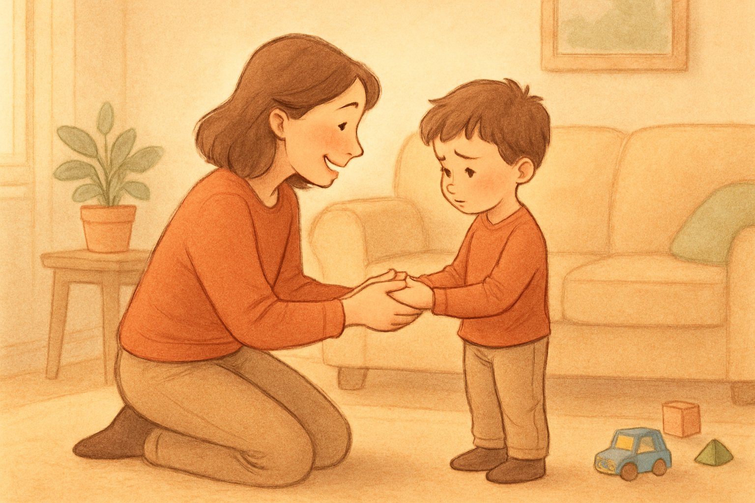 Bir ebeveyn diz çökerek çocuğunun ellerini tutuyor, çocuk düşünceli ve hafif tereddütlü görünüyor, sıcak ve rahat bir odada.