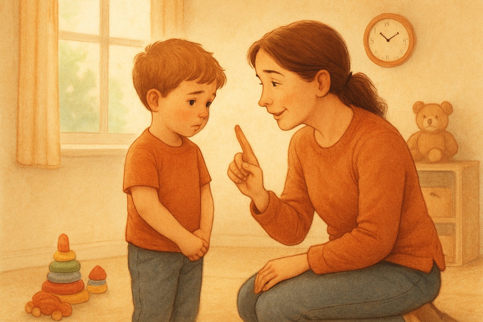 Bir yetişkin, bir çocuğa nazikçe özür dilemeyi öğretirken, çocuk dikkatle dinliyor.