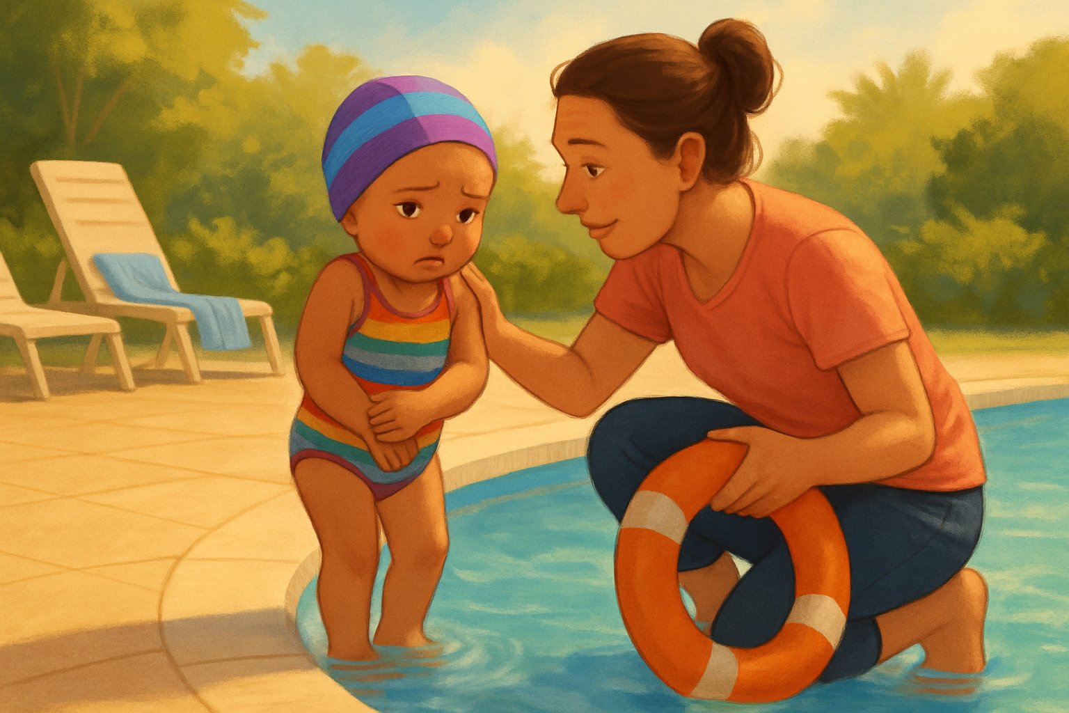 Yüzme havuzu kenarında, korkan bir çocuğa nazikçe yaklaşan ve onu cesaretlendiren bir yetişkin.