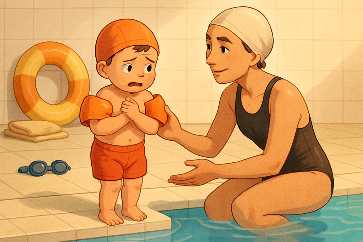 Yüzme havuzunun kenarında korkmuş görünen bir çocuk ve onu cesaretlendiren sakin bir yetişkin.