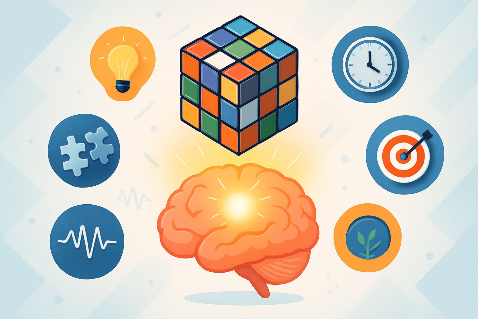 Bir Rubik Küpü ve açık bir insan beyni, etraflarında hafıza, problem çözme, odaklanma, yaratıcılık ve sabrı simgeleyen ikonlarla çevrilmiş.