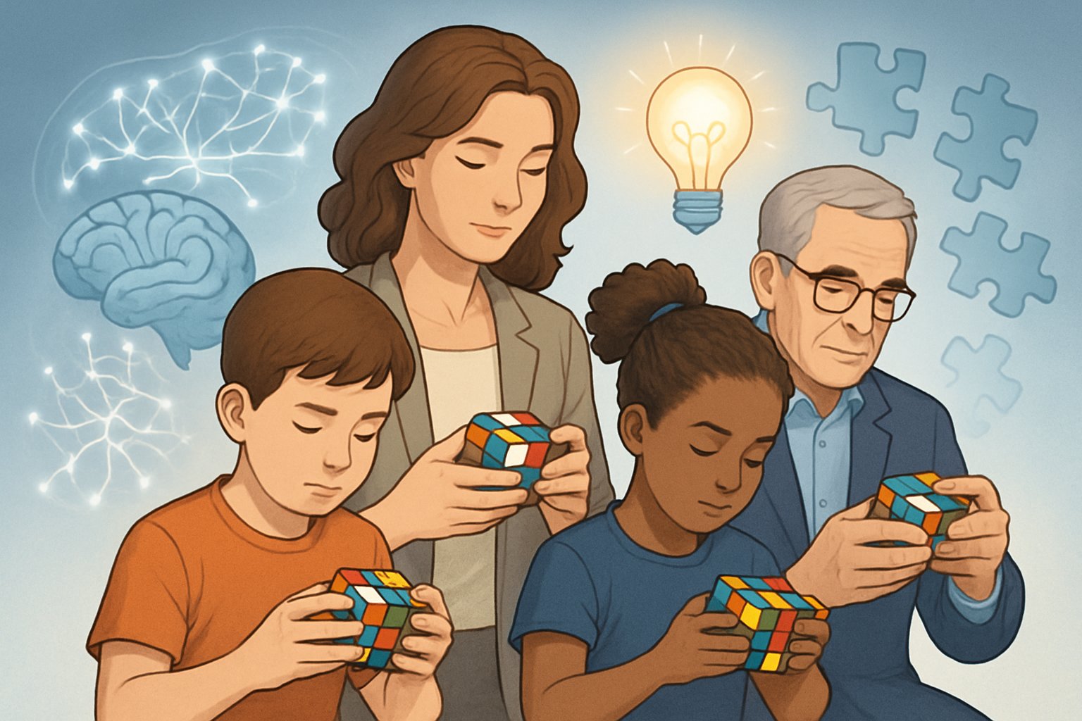 Farklı yaşlardan insanların Rubik Küp çözerken odaklanmış şekilde oturduğu ve etraflarında beyin, ışık ve yapboz parçaları gibi zihinsel gelişimi simgeleyen görsellerin bulunduğu bir sahne.