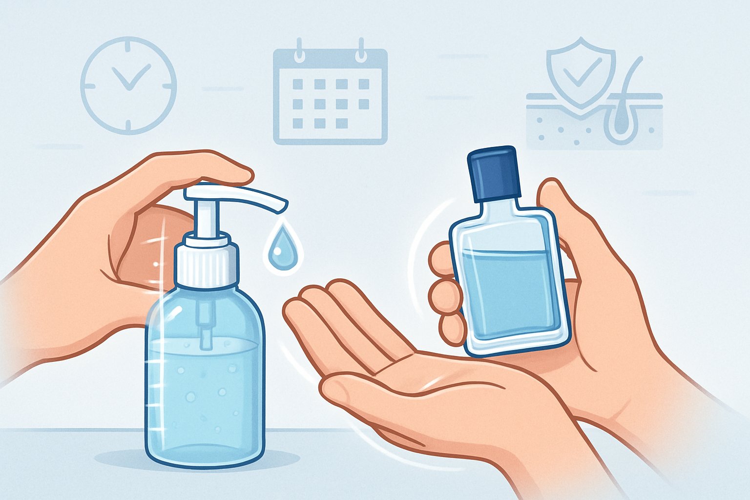 Bir el dezenfektan jeli uyguyor, diğer el küçük bir kolonya şişesi tutuyor, çevrede kullanım sınırlarını gösteren simgeler var.