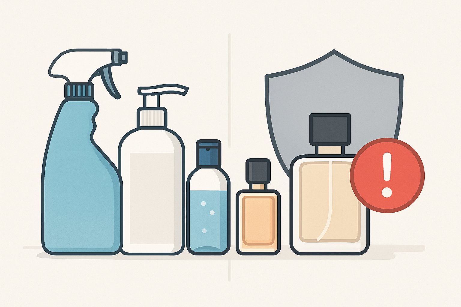 Dezenfektan ve kolonya şişelerinin yer aldığı, kullanım amaçları ve sınırlarını simgeleyen bir sahne.