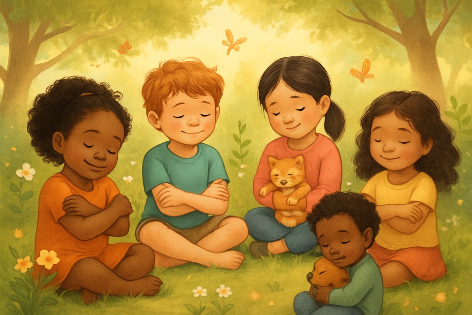 Bir grup çocuk dışarıda, kendilerine şefkat göstererek ve birbirlerine destek olarak oturuyor.