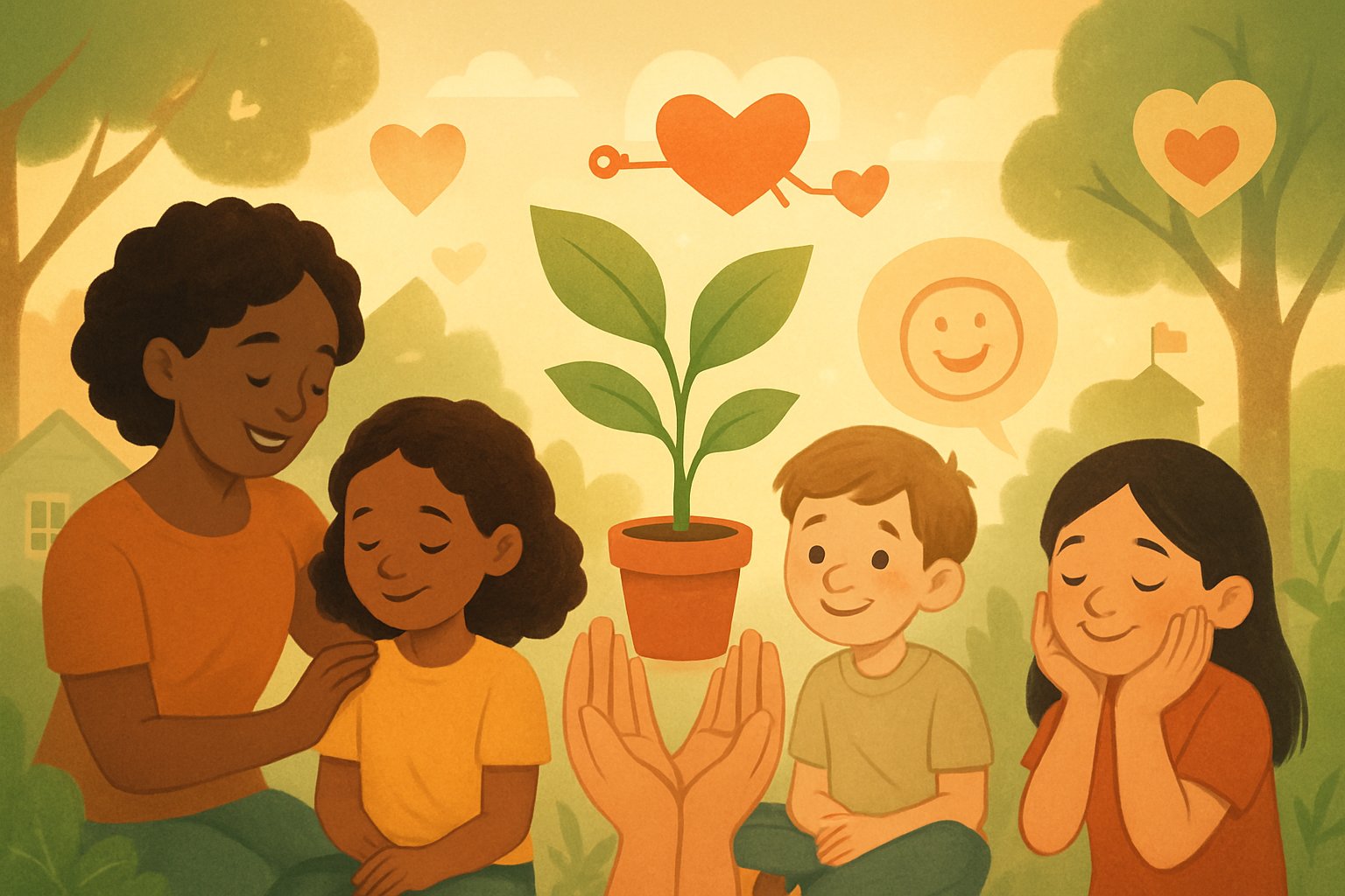 Çocukların kendine şefkat geliştirmesini etkileyen aile, arkadaşlık ve doğa gibi faktörleri gösteren, birbirine destek olan çocuklar ve semboller içeren bir sahne.