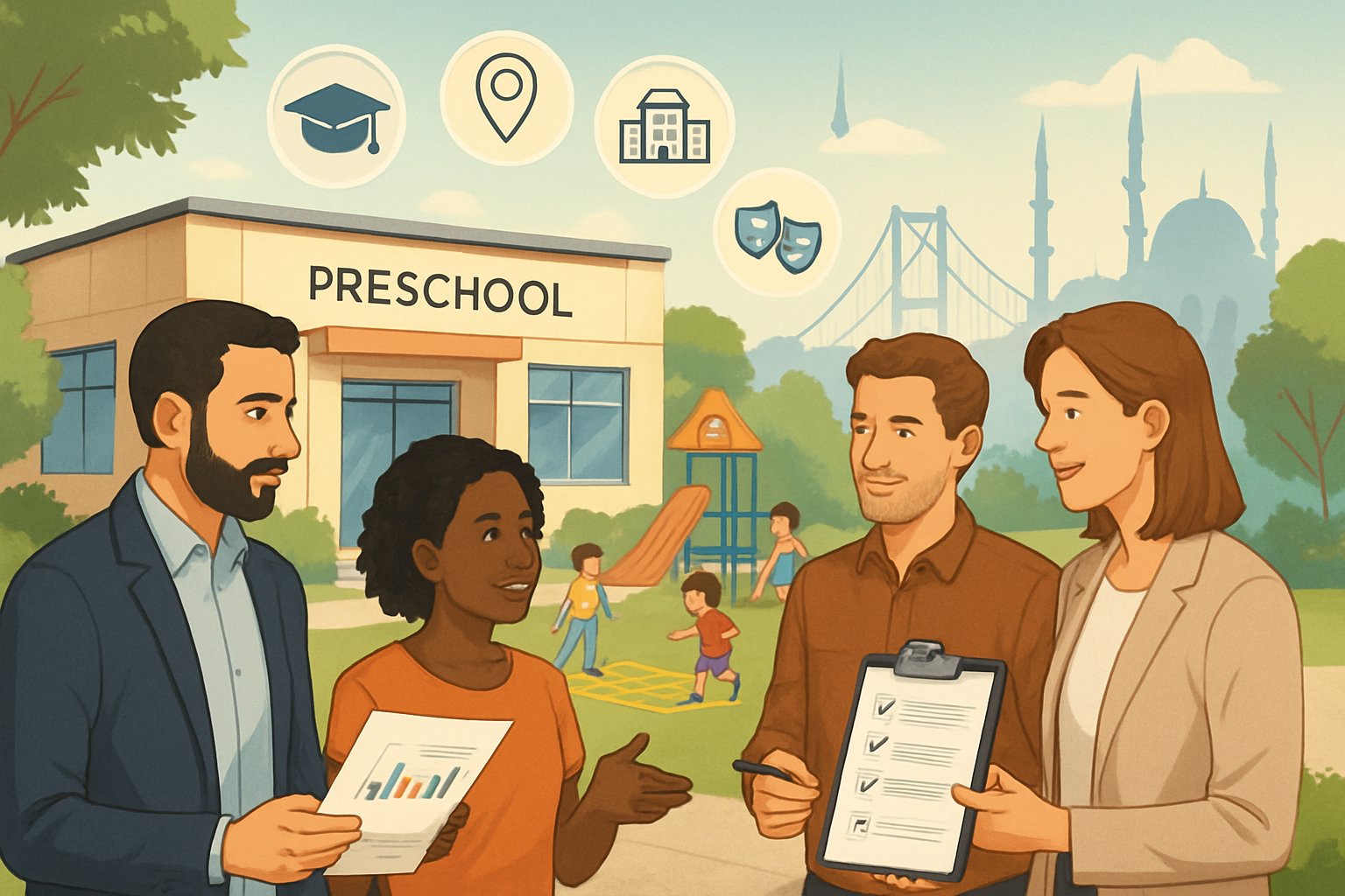 İstanbul’da bir anaokulunun önünde çocuklar oyun oynuyor, ebeveynler ve öğretmenler fiyatlandırma ile ilgili belgeleri inceliyor, arka planda İstanbul silueti yer alıyor.