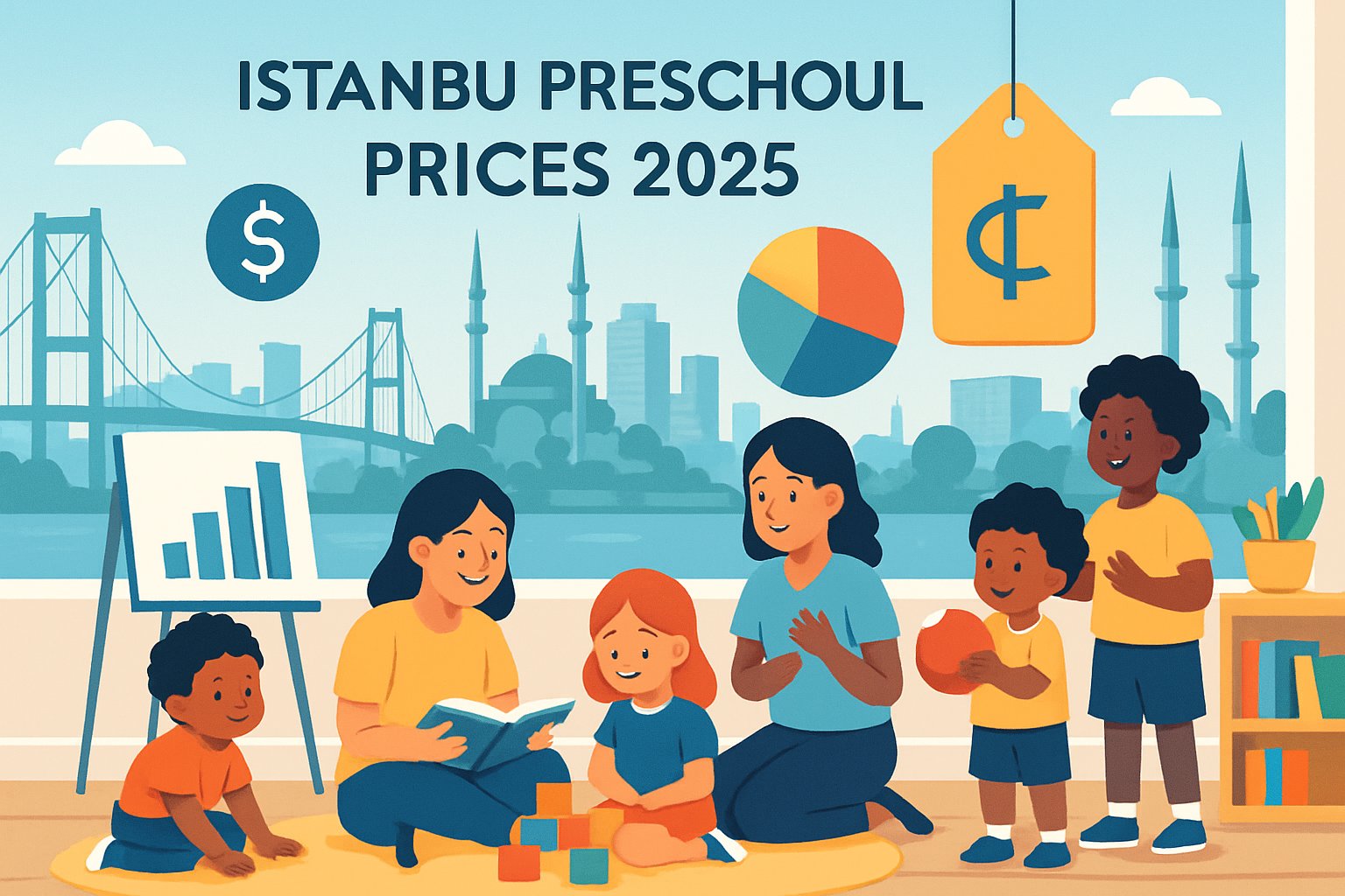 İstanbul'un simgeleri arka planda, ön planda çocukların oyun oynadığı ve öğretmenlerin bulunduğu bir anaokulu ortamı.