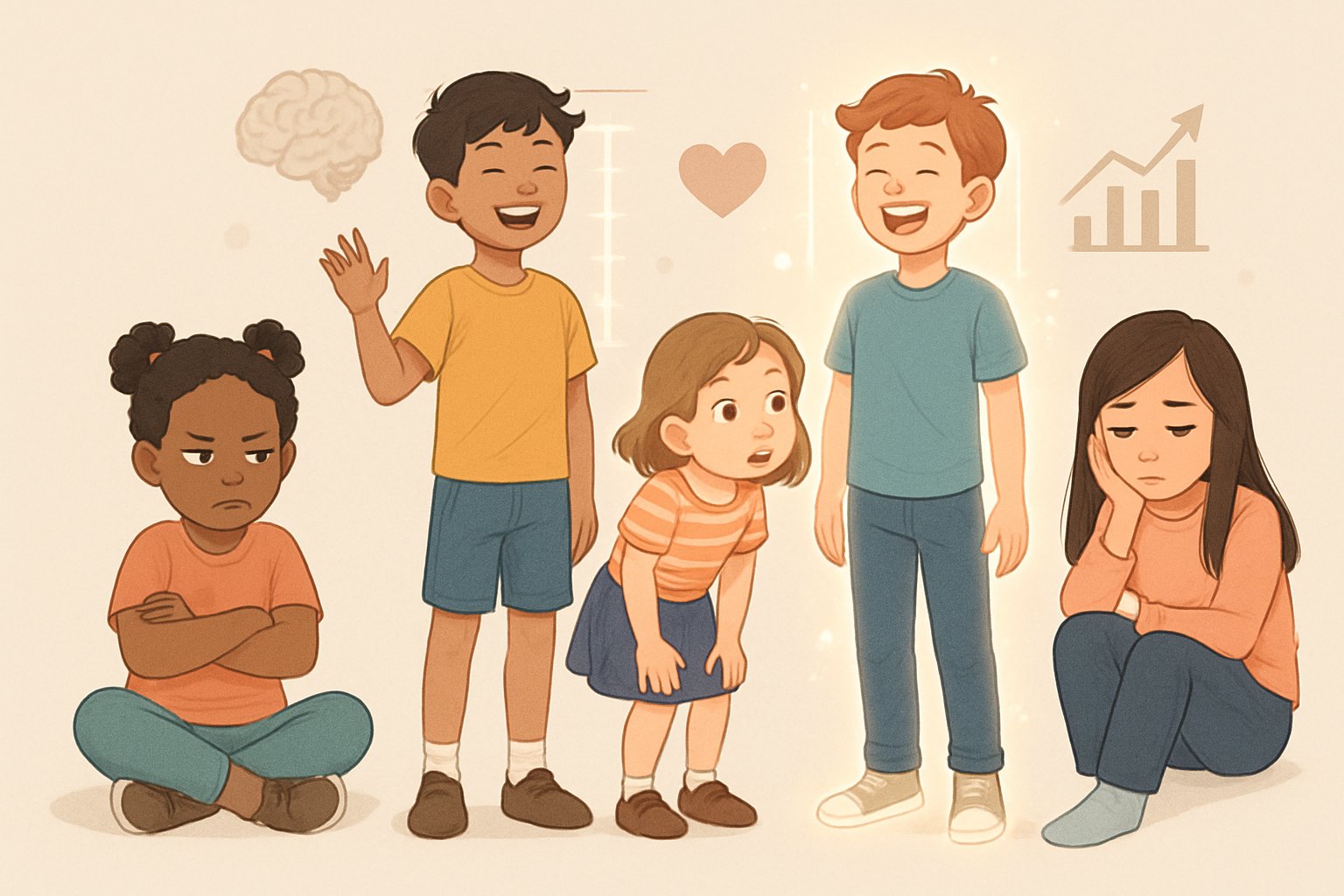 Farklı yaşlarda çocukların büyüme ve davranış değişikliklerini gösteren, çeşitli duygular sergileyen bir grup çocuk.