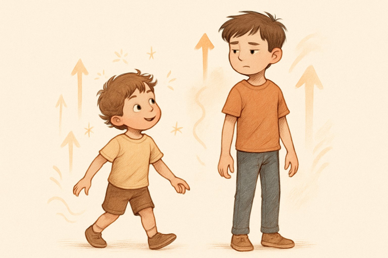 İki çocuk yan yana duruyor, biri büyüme atağı belirtileri gösteriyor, diğeri biraz daha büyük ve davranış değişiklikleri sergiliyor.