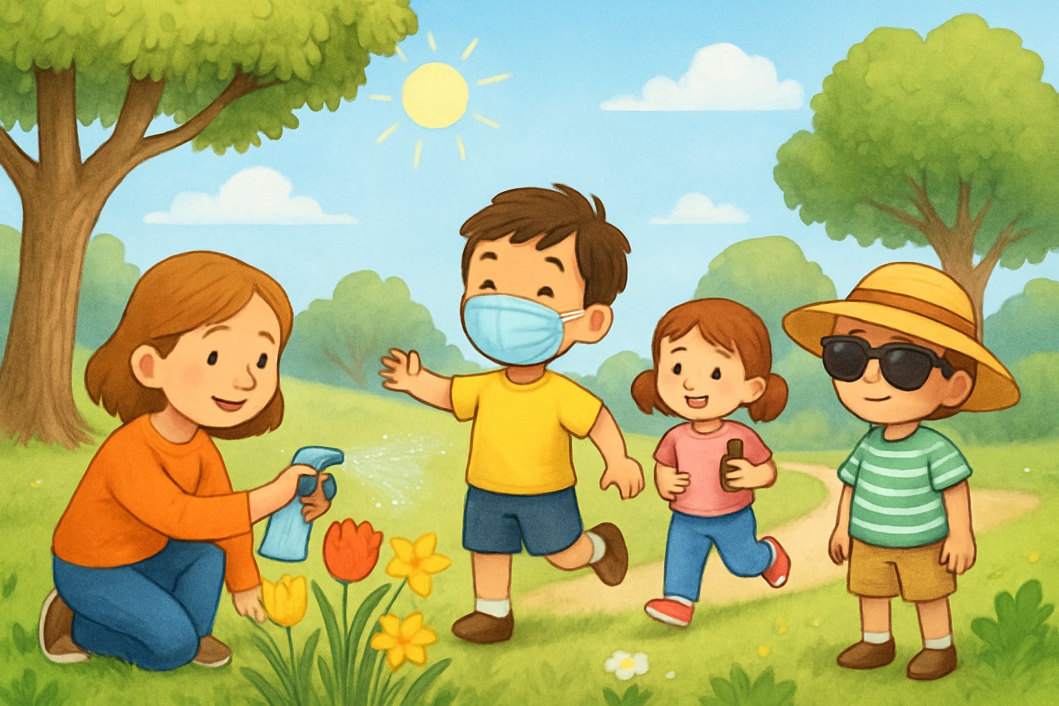 İlkbaharda dışarıda oynayan çocuklar, alerji önlemleri almış şekilde parkta mutlu vakit geçiriyor.