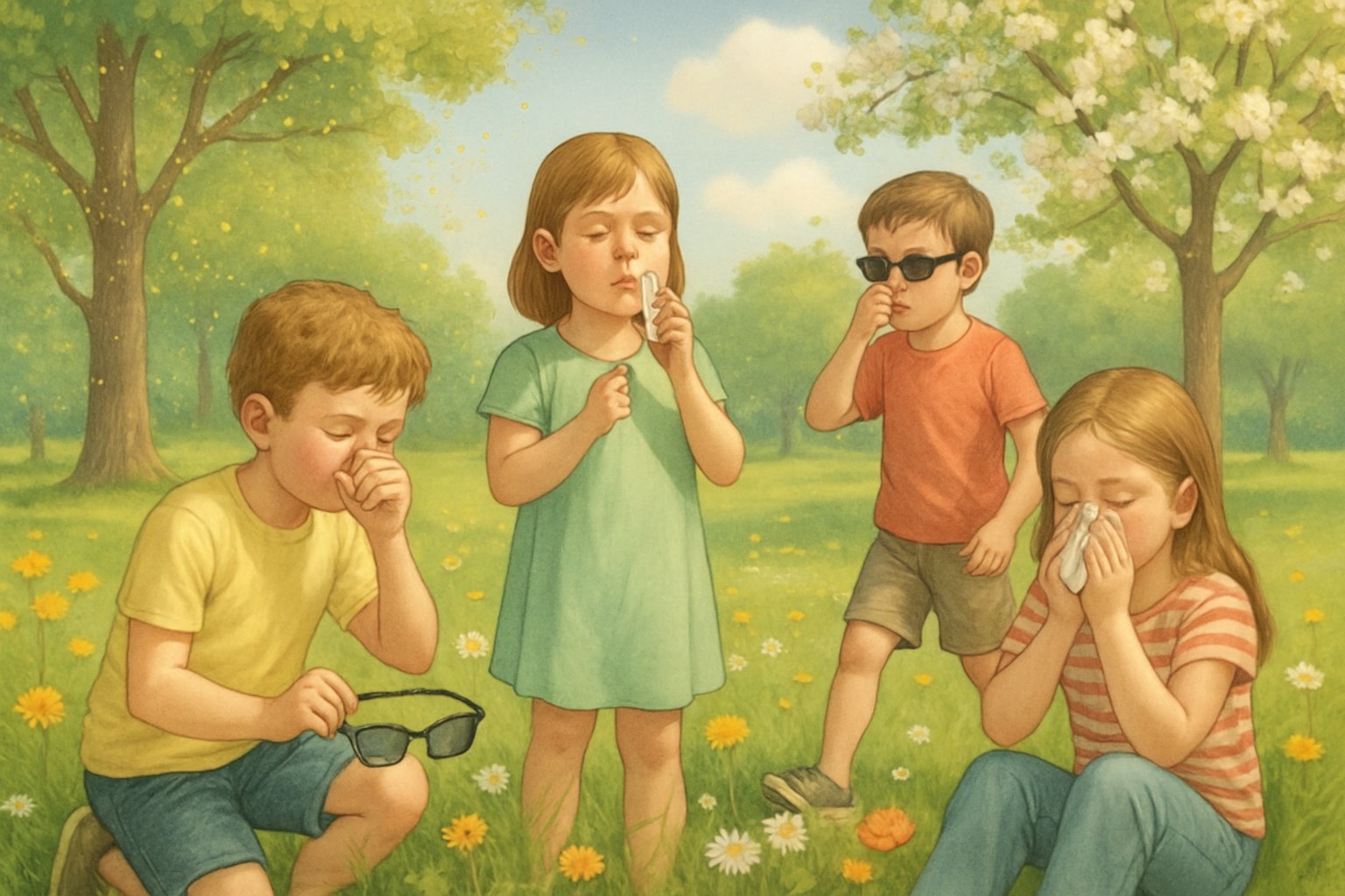 İlkbaharda parkta oynayan, bahar alerjisi olan çocuklar ve çevresinde çiçekler ve ağaçlar.