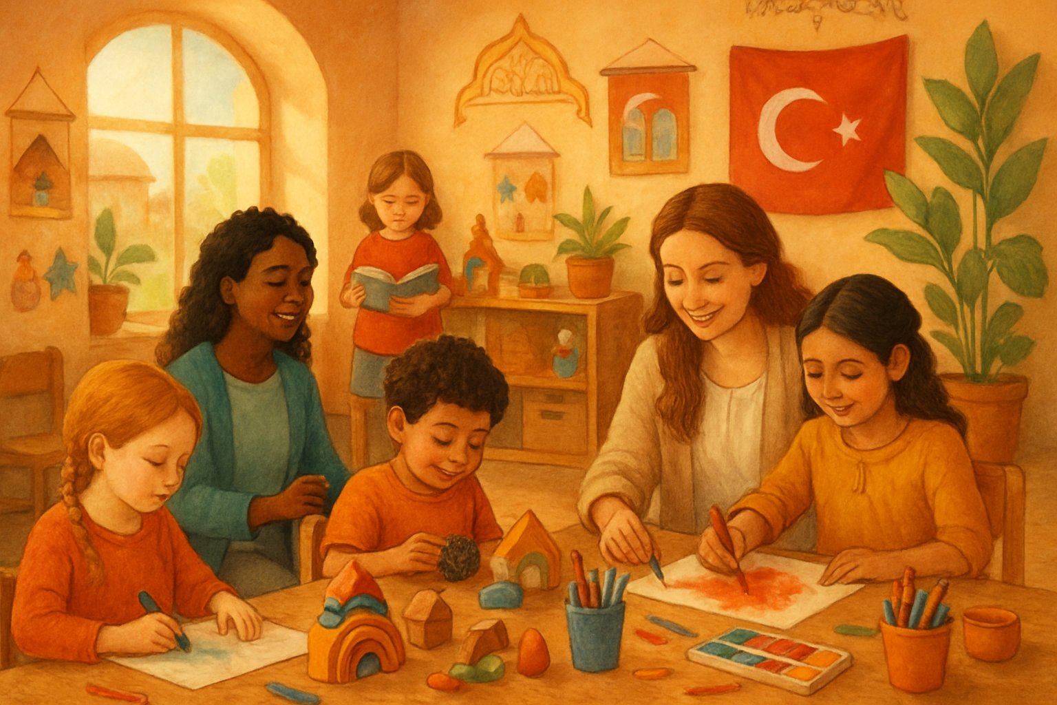Türkiye'de Waldorf pedagojisinin uygulandığı, öğretmenler ve çocukların birlikte yaratıcı etkinlikler yaptığı sıcak ve doğal bir sınıf ortamı.